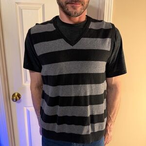 Black and Gray Striped V-Neck Sweater Vest